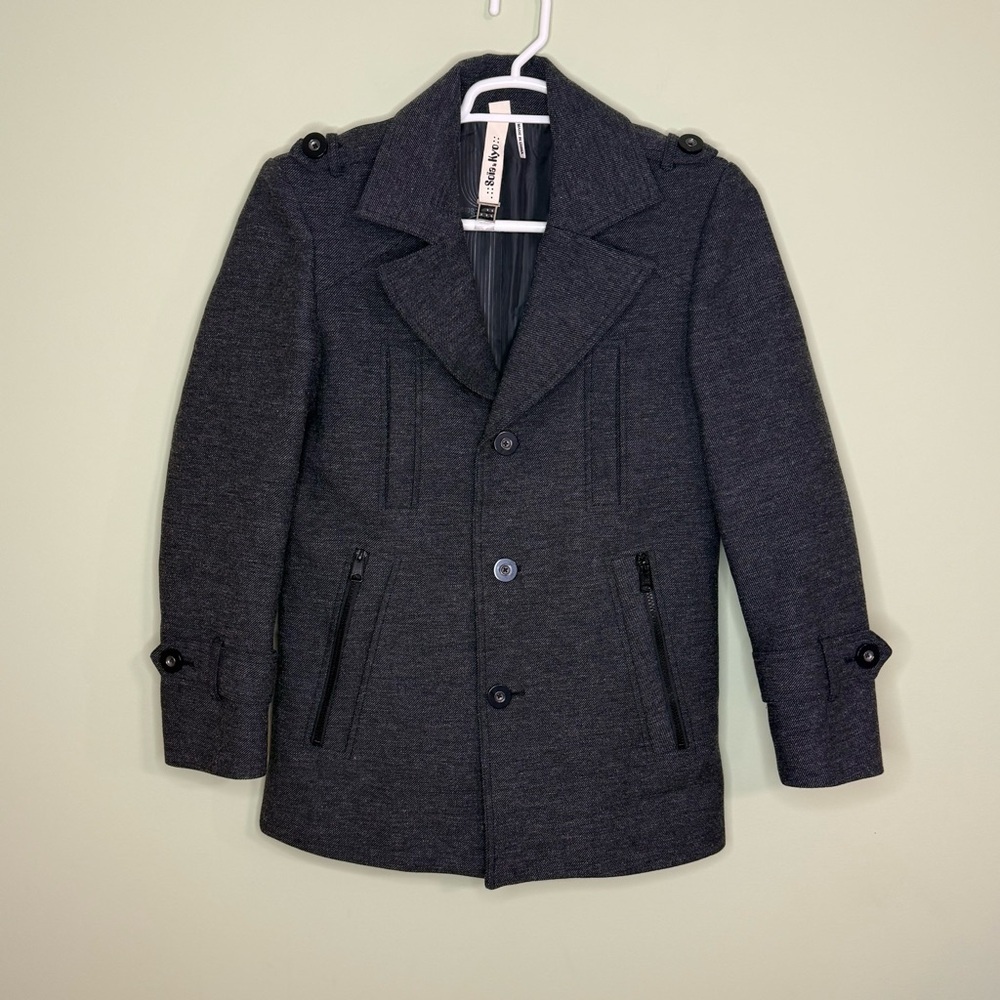 NEW Soia & Kyo men’s S gray Pea Coat wool blend car coat jacket‎ lined